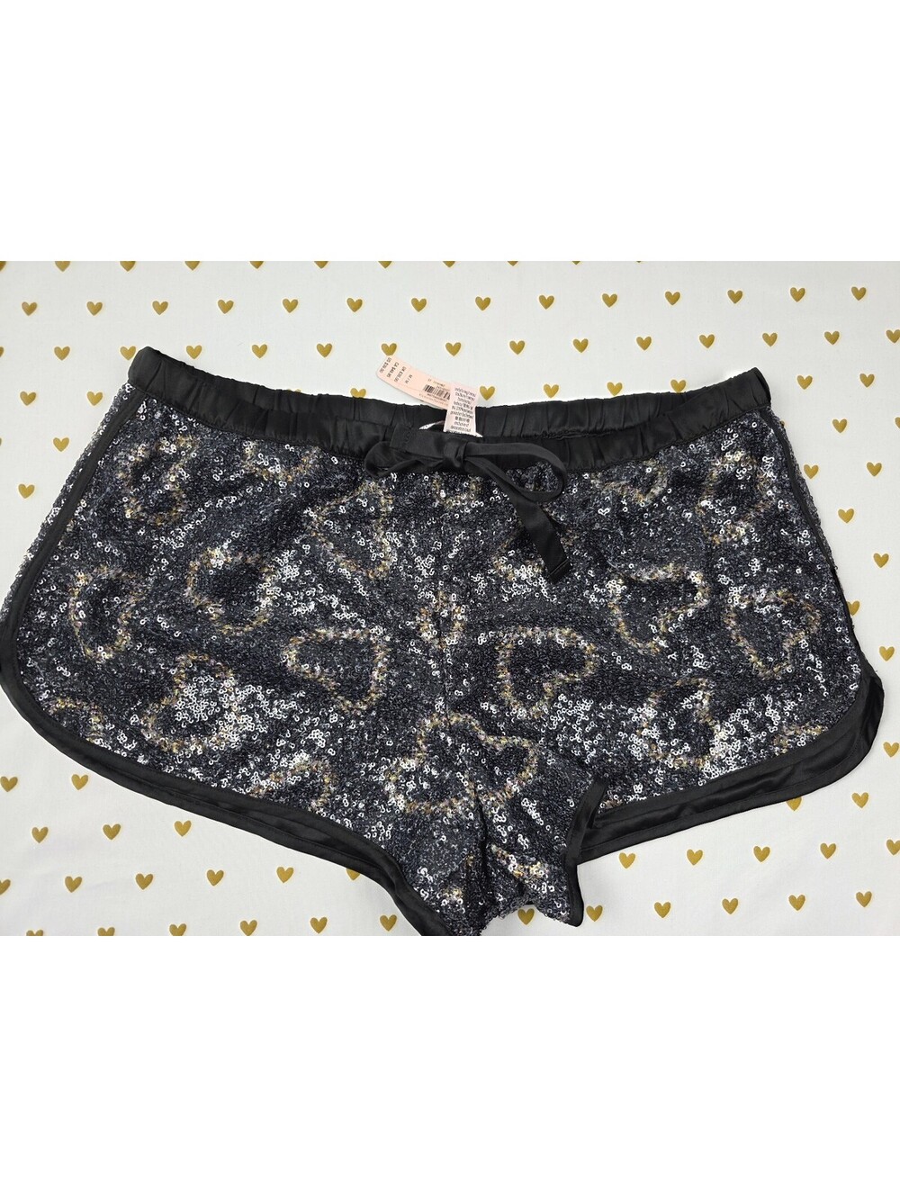 Victoria's Secret NWT Black Sequin Leopard Lounge Sleep Shorts Satin Heart M
